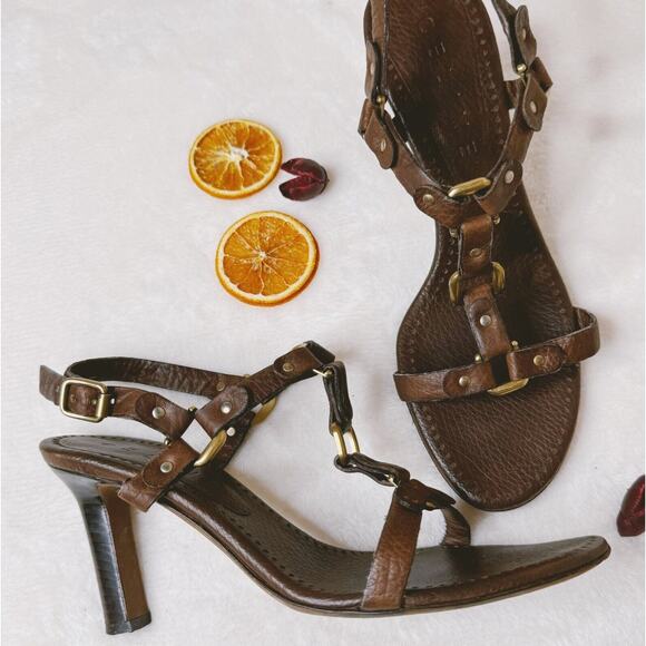 Celine Paris Shoes Sandals Heels Brown Leather T Strap 36.5 Gold Harness Detail - Picture 1 of 8